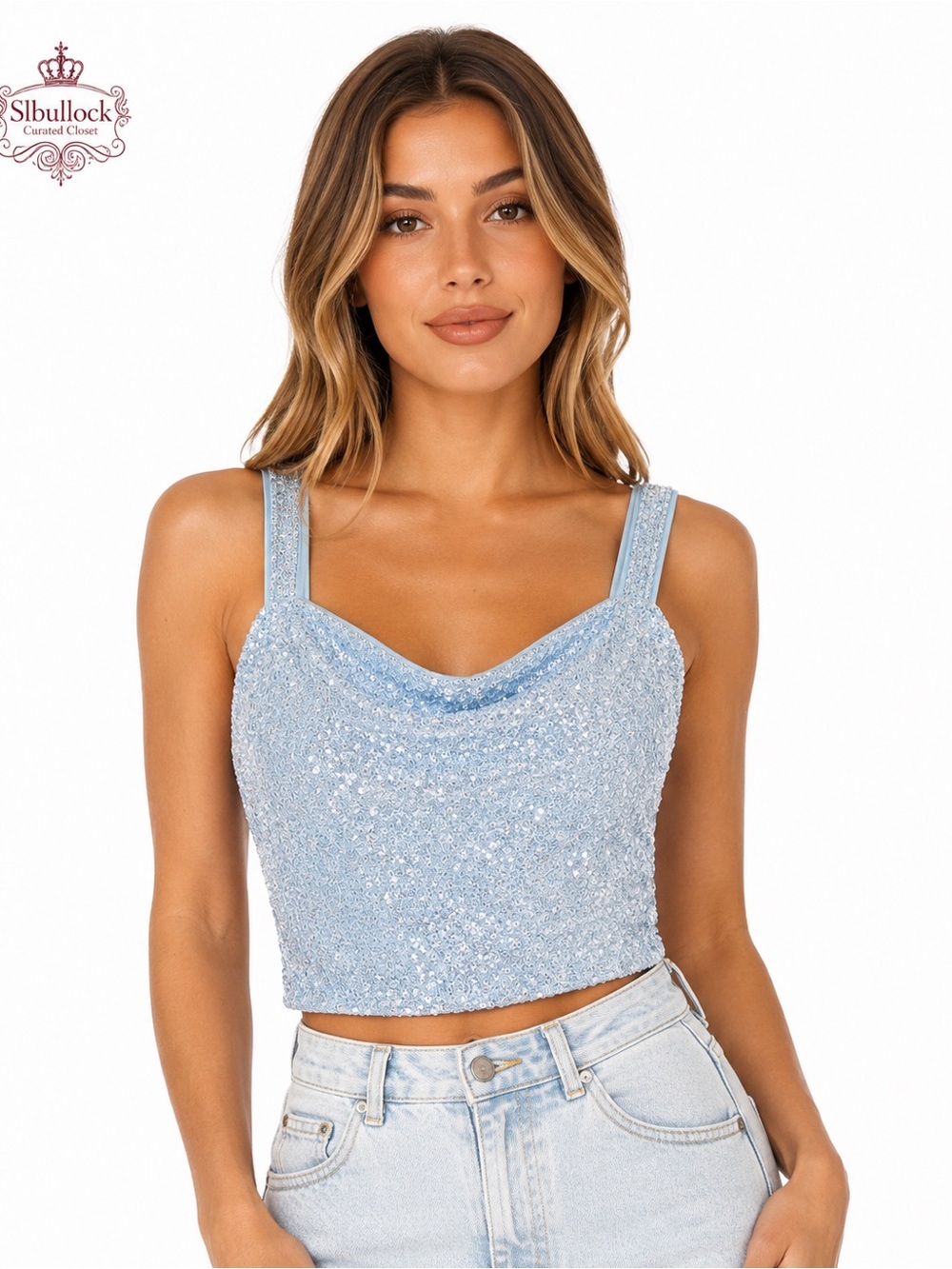 C4 Naked Wardrobe Light Blue Sequin Cowl Neck Camisole Top NWT Medium